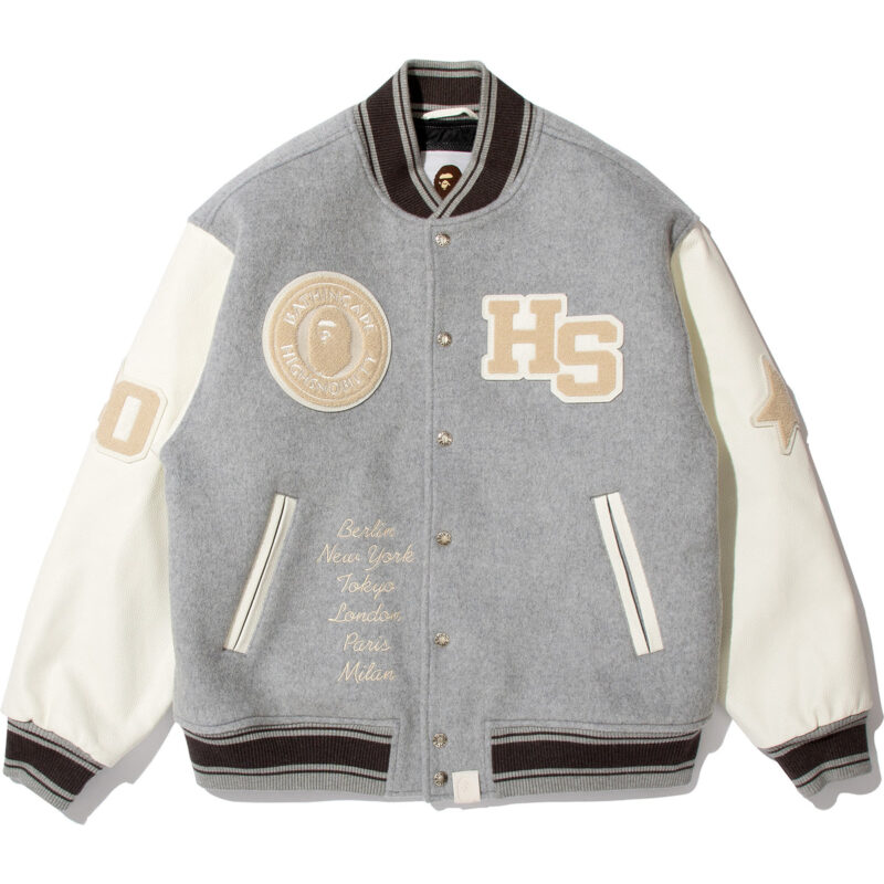 BAPE X HIGHSNOBIETY MULTI LOGO VARSITY JACKET MENS