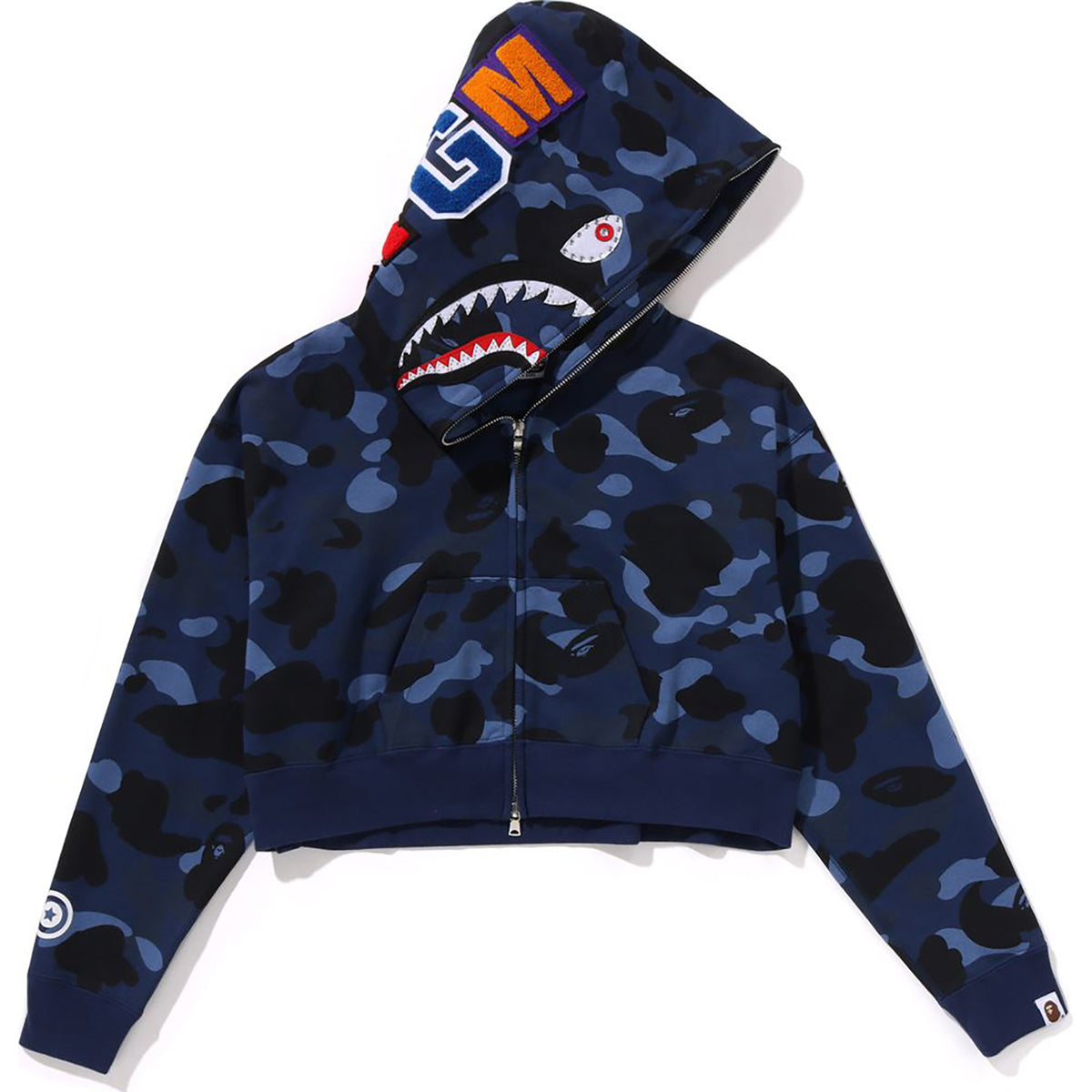 001ZPL802010_NVY_A COLOR CAMO CRYSTAL STONE SHARK CROPPED FULL ZIP HOODIE LADIES